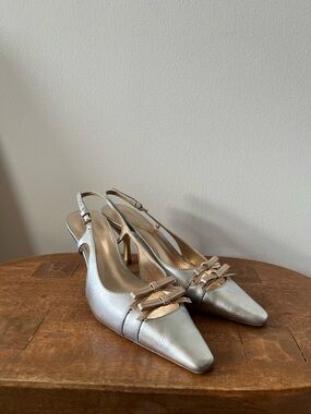 Reformation Noreen Silver Pointed-Toe Slingback Heels with Bow Detail